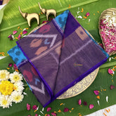 Vriksham Handwoven Pochampally Royal Blue & Plum Chevron & Diamond Motif Ikkat Silk-Cotton Saree-VS4728